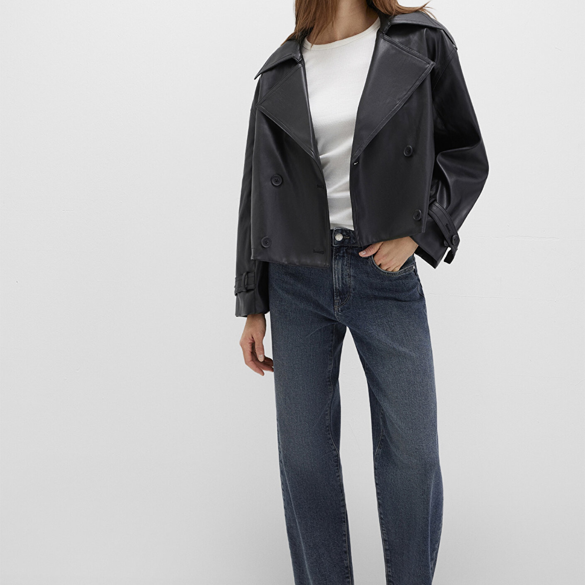 Mavi Siyah Suni Deri Ceket Oversize / Geniş Kesim 1110709-900