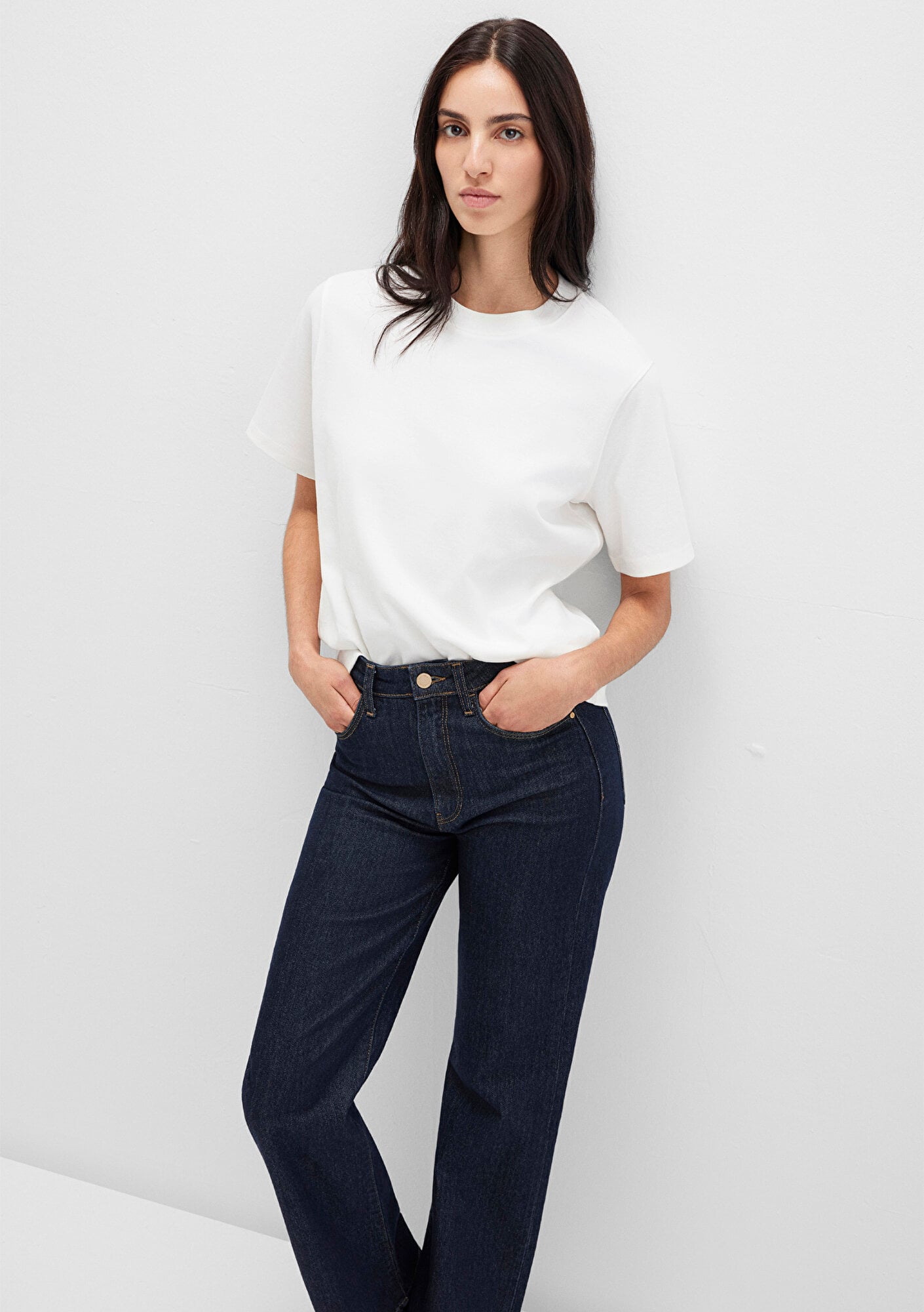  Mavi Ekru Basic Tişört Loose Fit / Bol Rahat Kesim 1613820-70057