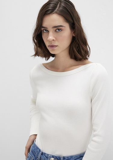  Mavi Uzun Kollu Ekru Basic Tişört Slim Fit / Dar Kesim 1613622-80194