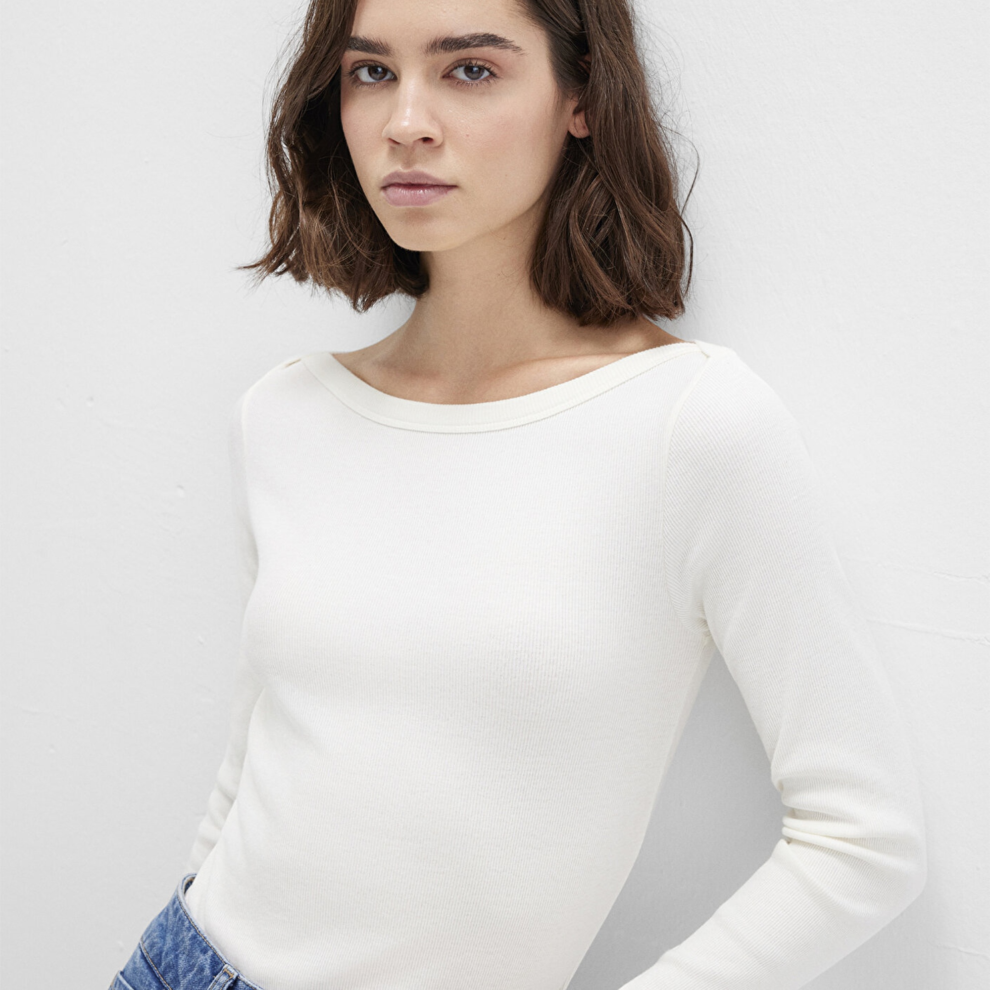 Mavi Uzun Kollu Ekru Basic Tişört Slim Fit / Dar Kesim 1613622-80194