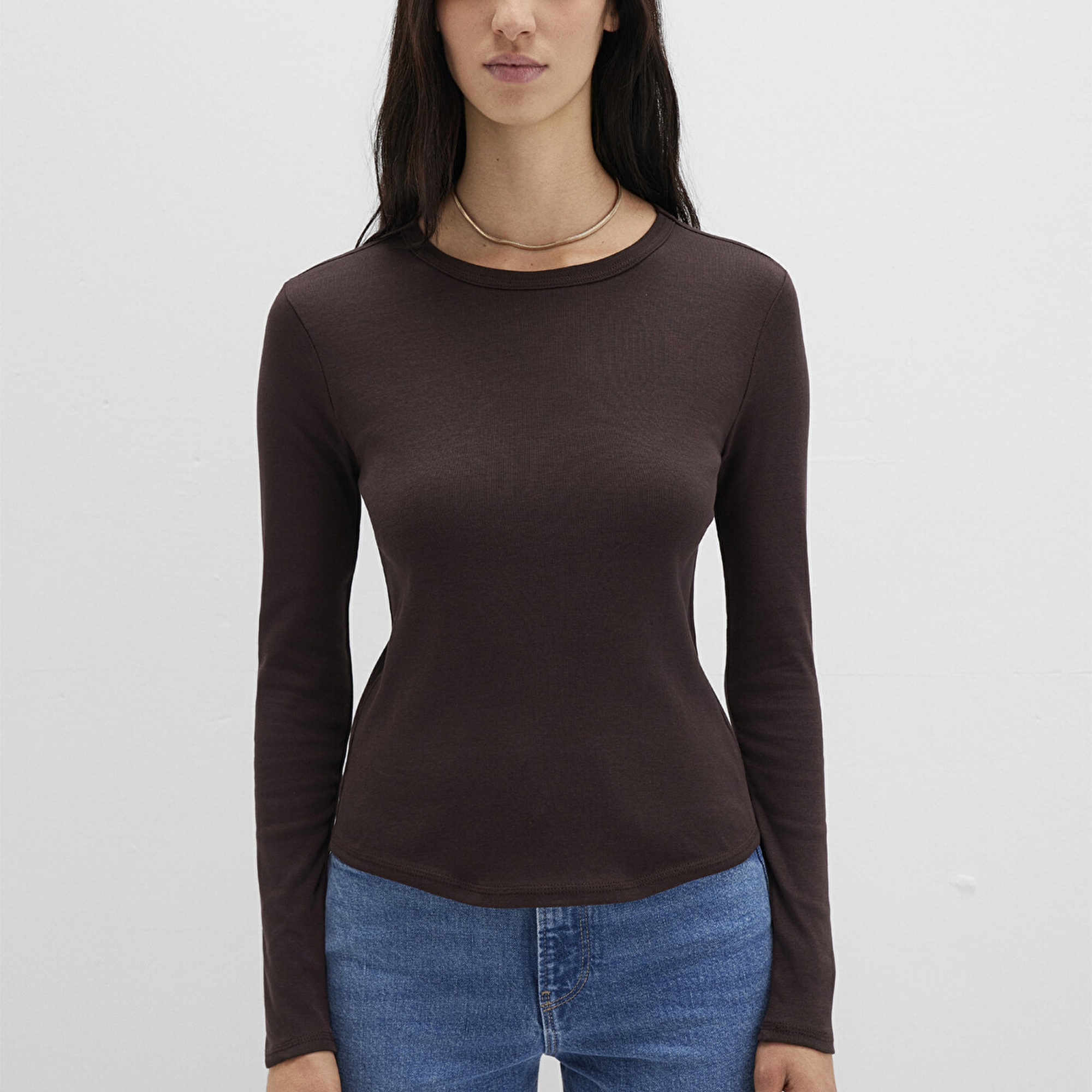 Mavi Uzun Kollu Kahverengi Basic Tişört Fitted / Vücuda Oturan Kesim 1613619-70240