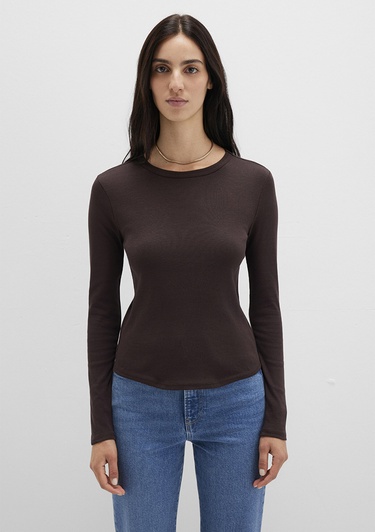  Mavi Uzun Kollu Kahverengi Basic Tişört Fitted / Vücuda Oturan Kesim 1613619-70240