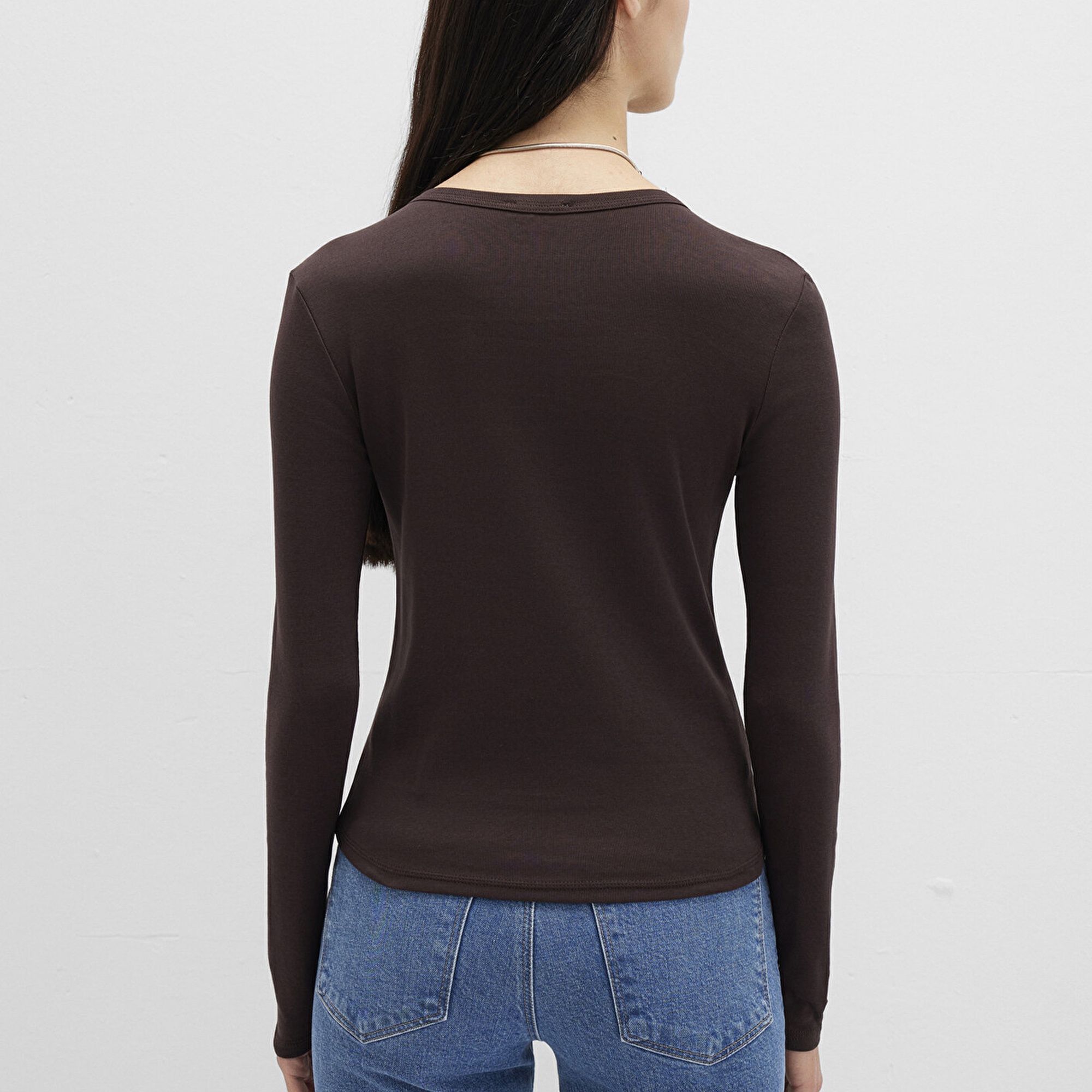 Mavi Uzun Kollu Kahverengi Basic Tişört Fitted / Vücuda Oturan Kesim 1613619-70240