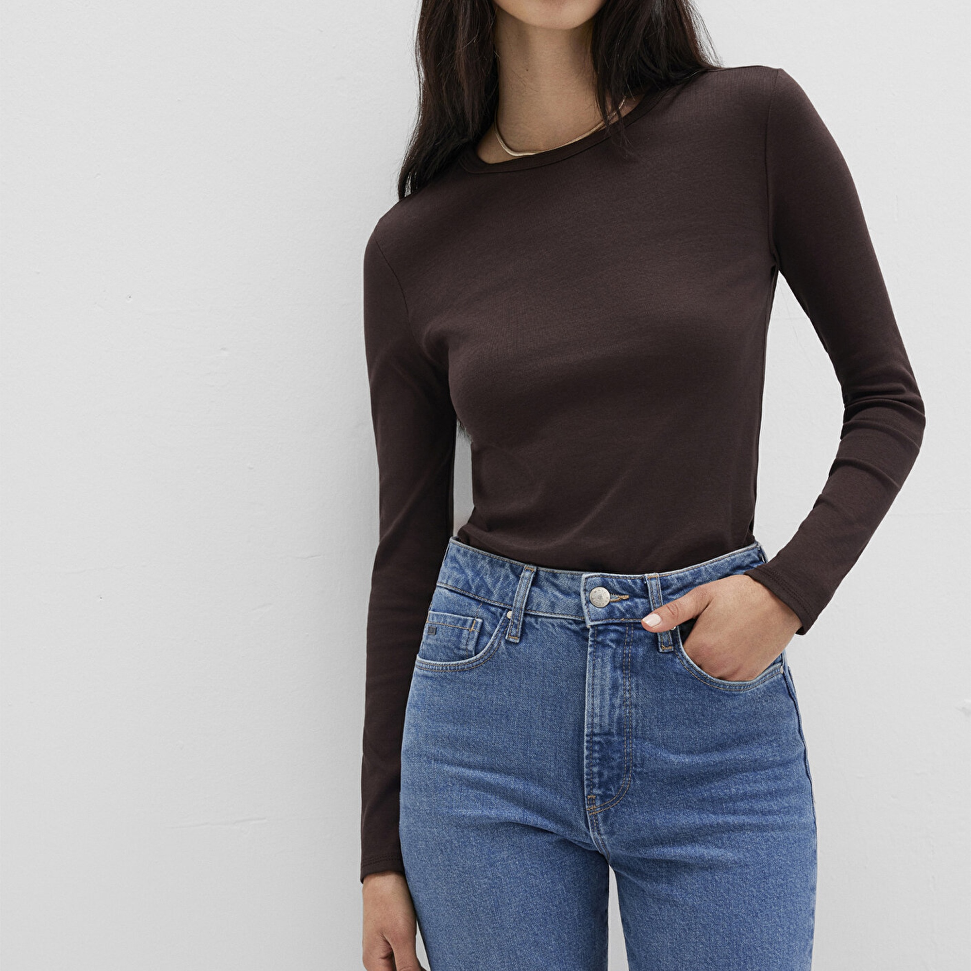 Mavi Uzun Kollu Kahverengi Basic Tişört Fitted / Vücuda Oturan Kesim 1613619-70240