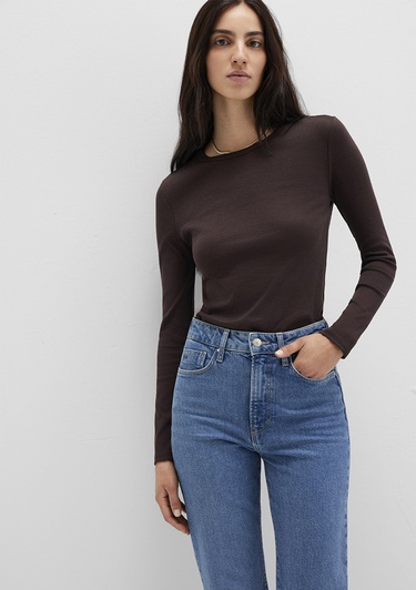  Mavi Uzun Kollu Kahverengi Basic Tişört Fitted / Vücuda Oturan Kesim 1613619-70240