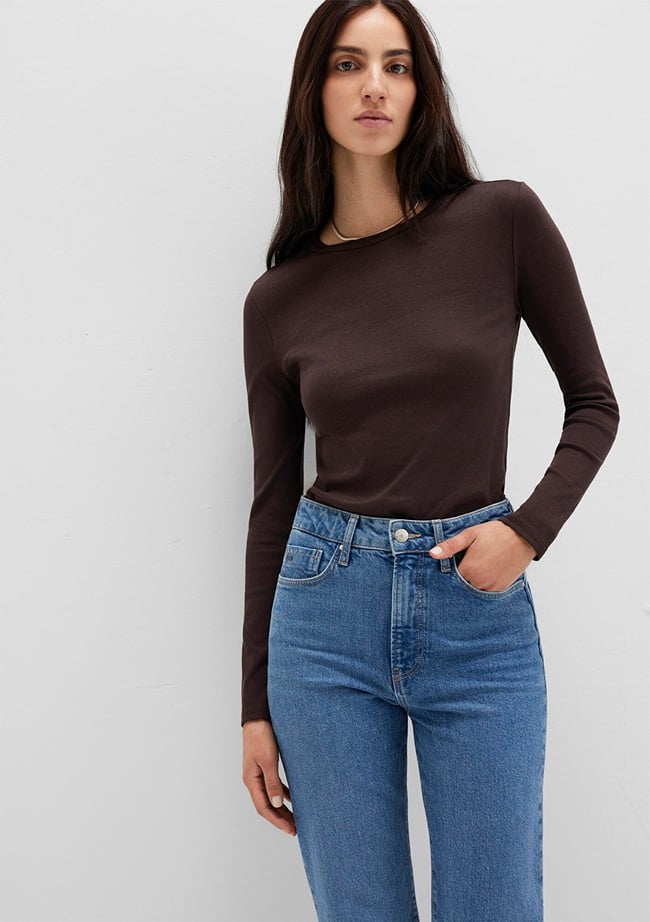  Mavi Uzun Kollu Kahverengi Basic Tişört Fitted / Vücuda Oturan Kesim 1613619-70240