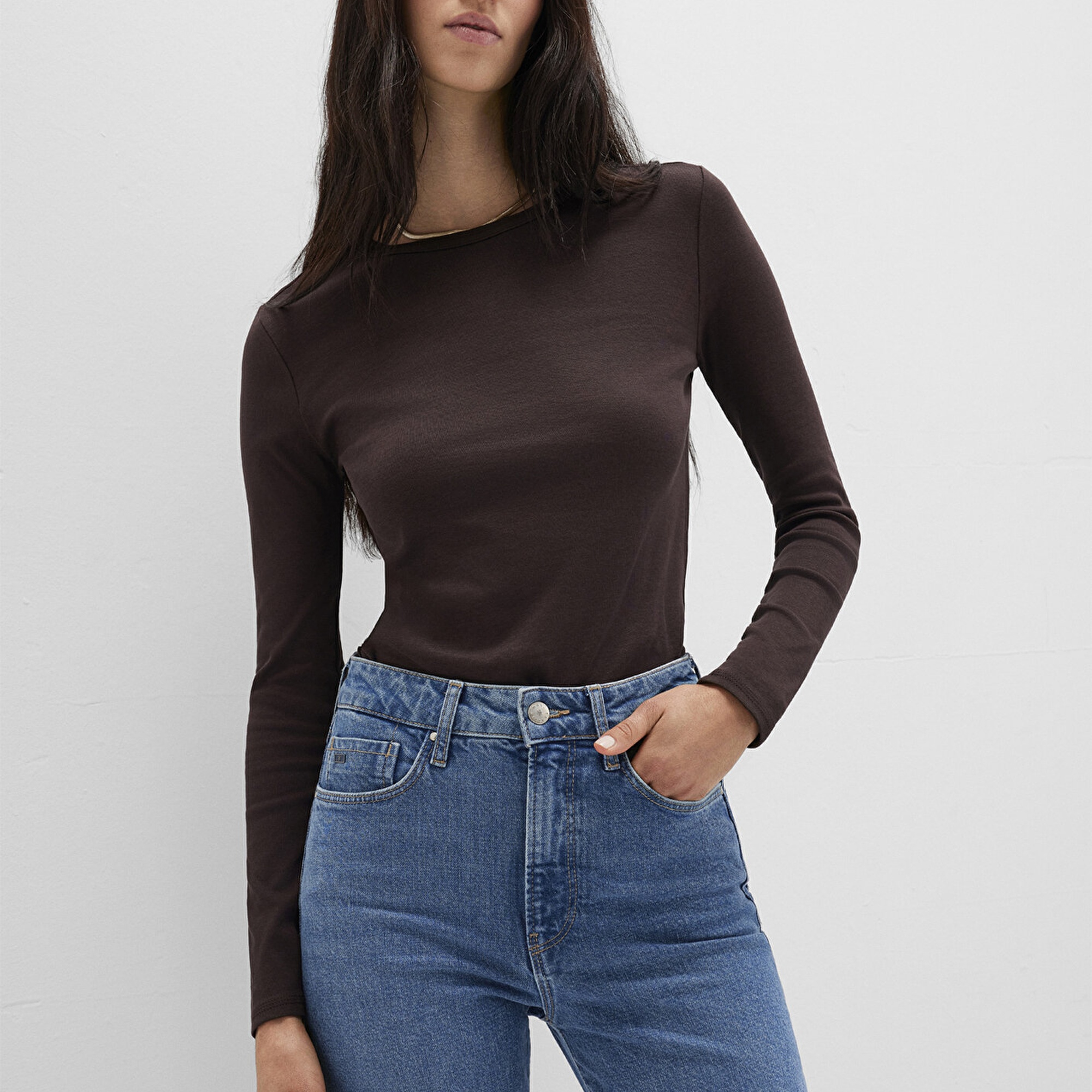 Mavi Uzun Kollu Kahverengi Basic Tişört Fitted / Vücuda Oturan Kesim 1613619-70240