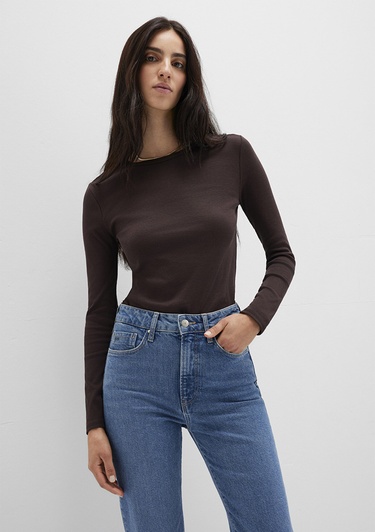  Mavi Uzun Kollu Kahverengi Basic Tişört Fitted / Vücuda Oturan Kesim 1613619-70240