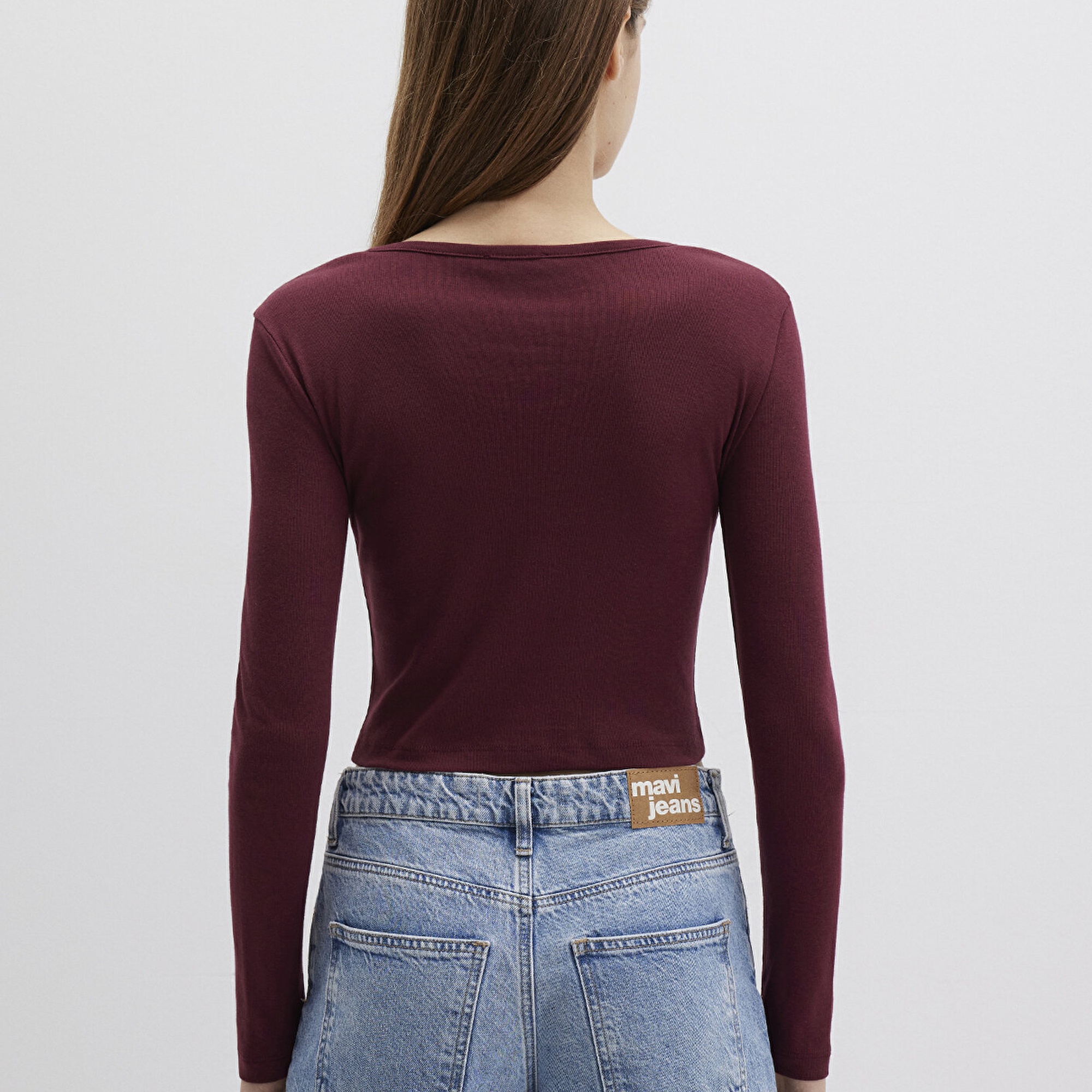 Mavi Düğme Detaylı Uzun Kollu Bordo Crop Basic Tişört Crop / Kısa Kesim 1613403-70426