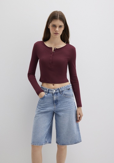  Mavi Düğme Detaylı Uzun Kollu Bordo Crop Basic Tişört Crop / Kısa Kesim 1613403-70426