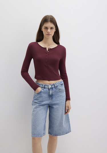  Mavi Düğme Detaylı Uzun Kollu Bordo Crop Basic Tişört Crop / Kısa Kesim 1613403-70426