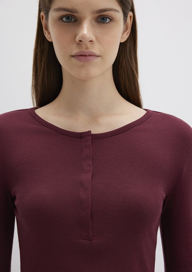  Mavi Düğme Detaylı Uzun Kollu Bordo Crop Basic Tişört Crop / Kısa Kesim 1613403-70426