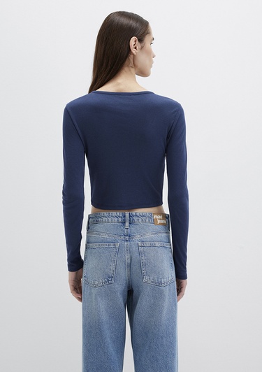  Mavi Düğme Detaylı Uzun Kollu Siyah Crop Basic Tişört Crop / Kısa Kesim 1613403-70487