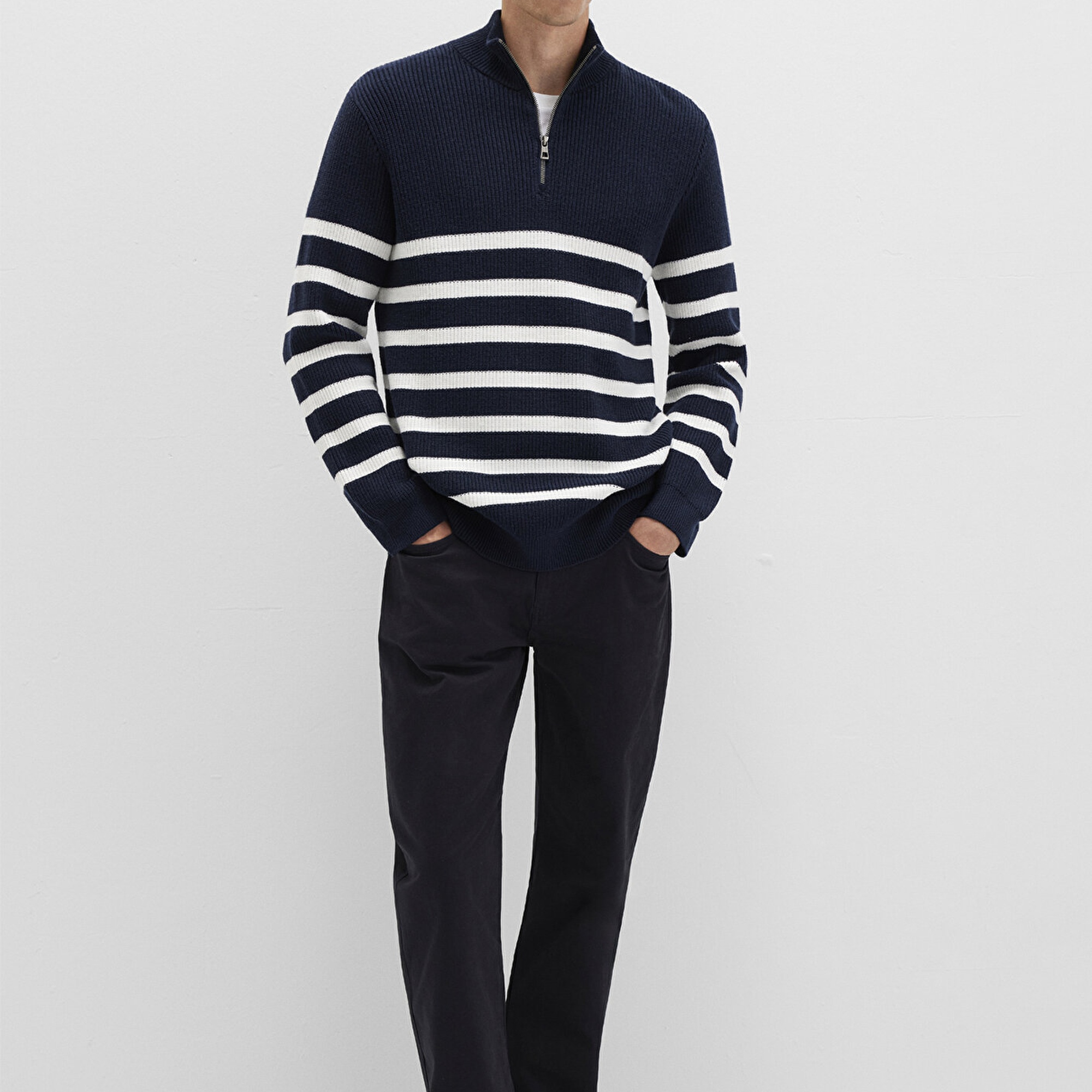 Mavi Yarı Fermuarlı Çizgili Lacivert Kazak Slim Fit / Dar Kesim 0710131-70490