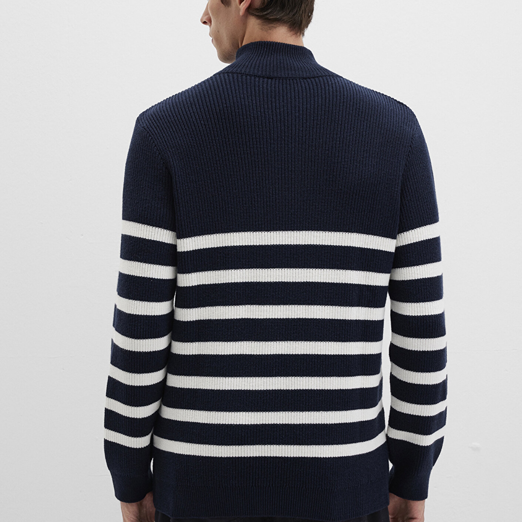 Mavi Yarı Fermuarlı Çizgili Lacivert Kazak Slim Fit / Dar Kesim 0710131-70490