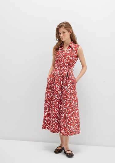 Mavi Baskılı Kırmızı Uzun Elbise 1310766-91314