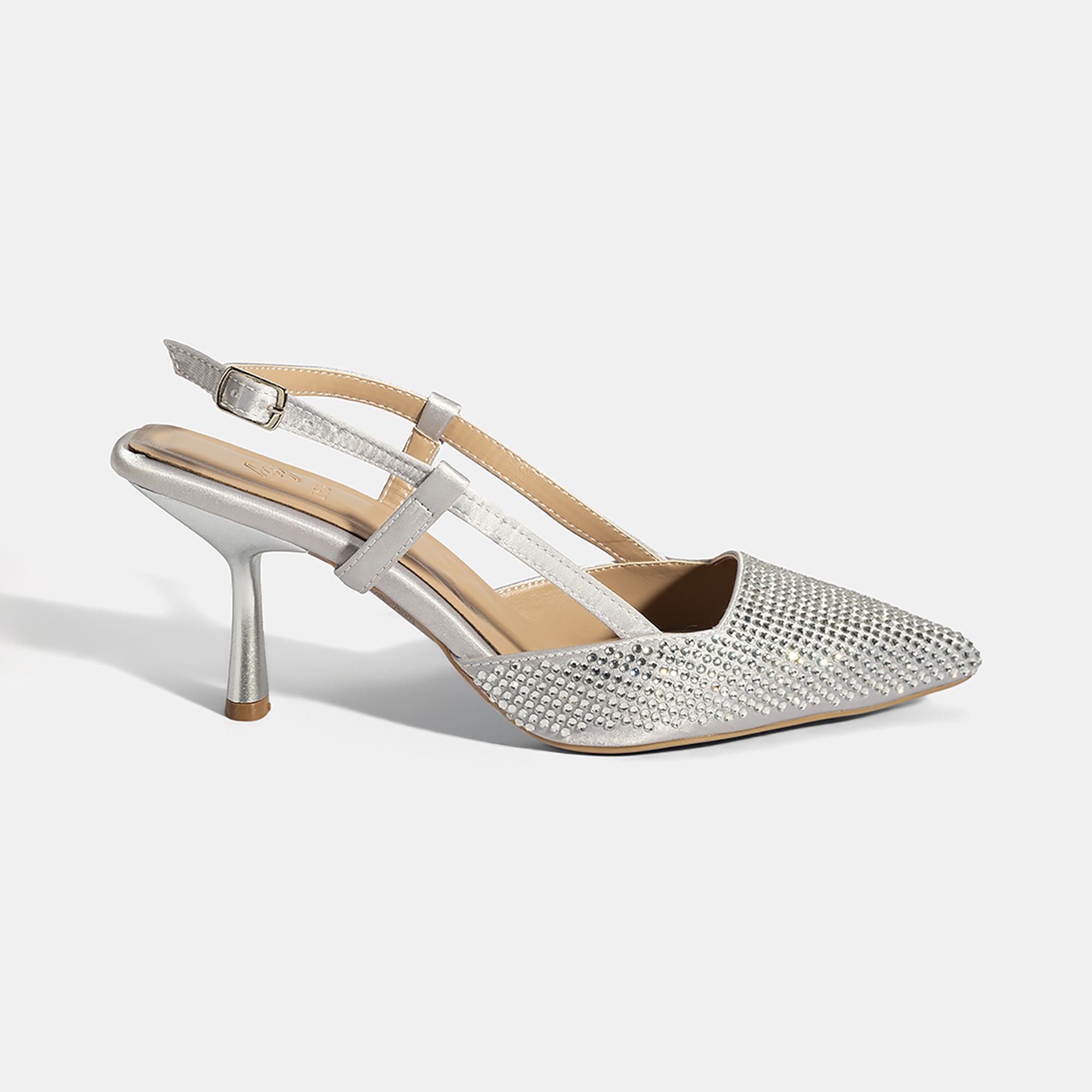 Kadın Gümüş Ayarlanabilir Metal Tokalı Taşlı Abiye Ayakkabı