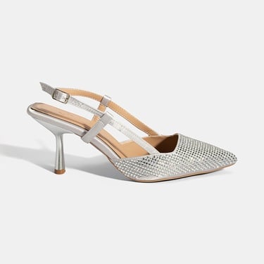  Kadın Gümüş Ayarlanabilir Metal Tokalı Taşlı Abiye Ayakkabı