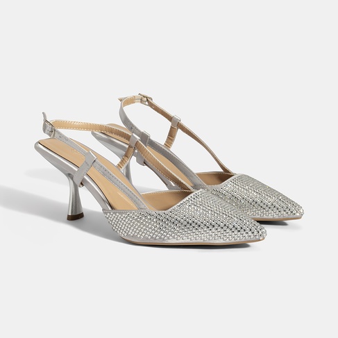  Kadın Gümüş Ayarlanabilir Metal Tokalı Taşlı Abiye Ayakkabı