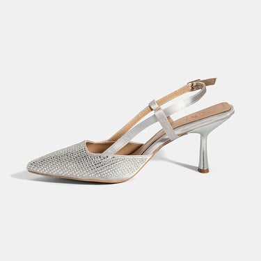  Kadın Gümüş Ayarlanabilir Metal Tokalı Taşlı Abiye Ayakkabı