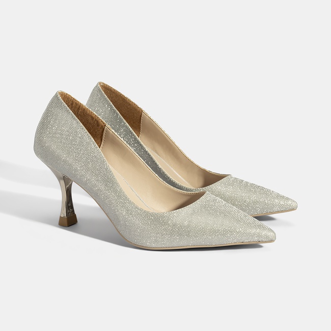  Kadın Gümüş Simli Topuklu Abiye Ayakkabı