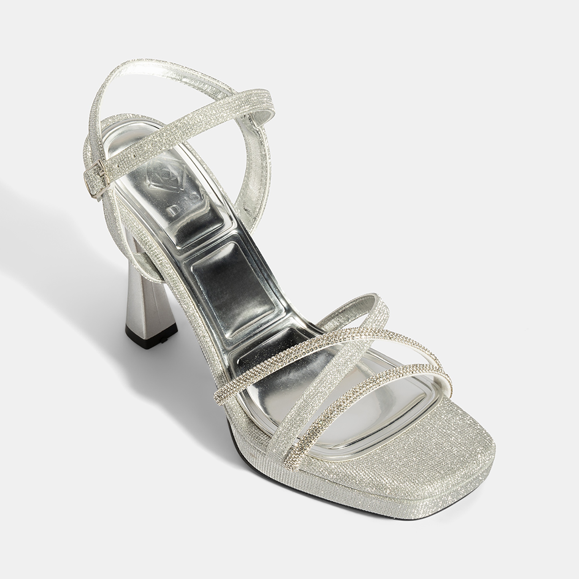 Kadın Gümüş Ayarlanabilir Tokalı Taşlı Topuklu Abiye Sandalet