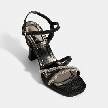  Kadın Siyah Ayarlanabilir Tokalı Taşlı Topuklu Abiye Sandalet