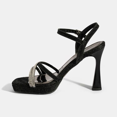  Kadın Siyah Ayarlanabilir Tokalı Taşlı Topuklu Abiye Sandalet