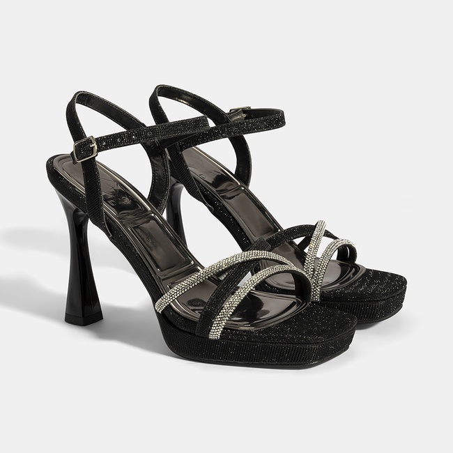  Kadın Siyah Ayarlanabilir Tokalı Taşlı Topuklu Abiye Sandalet