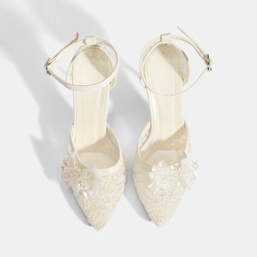  Kadın Beyaz Dantel Detaylı Taşlı Topuklu Gelin Ayakkabısı