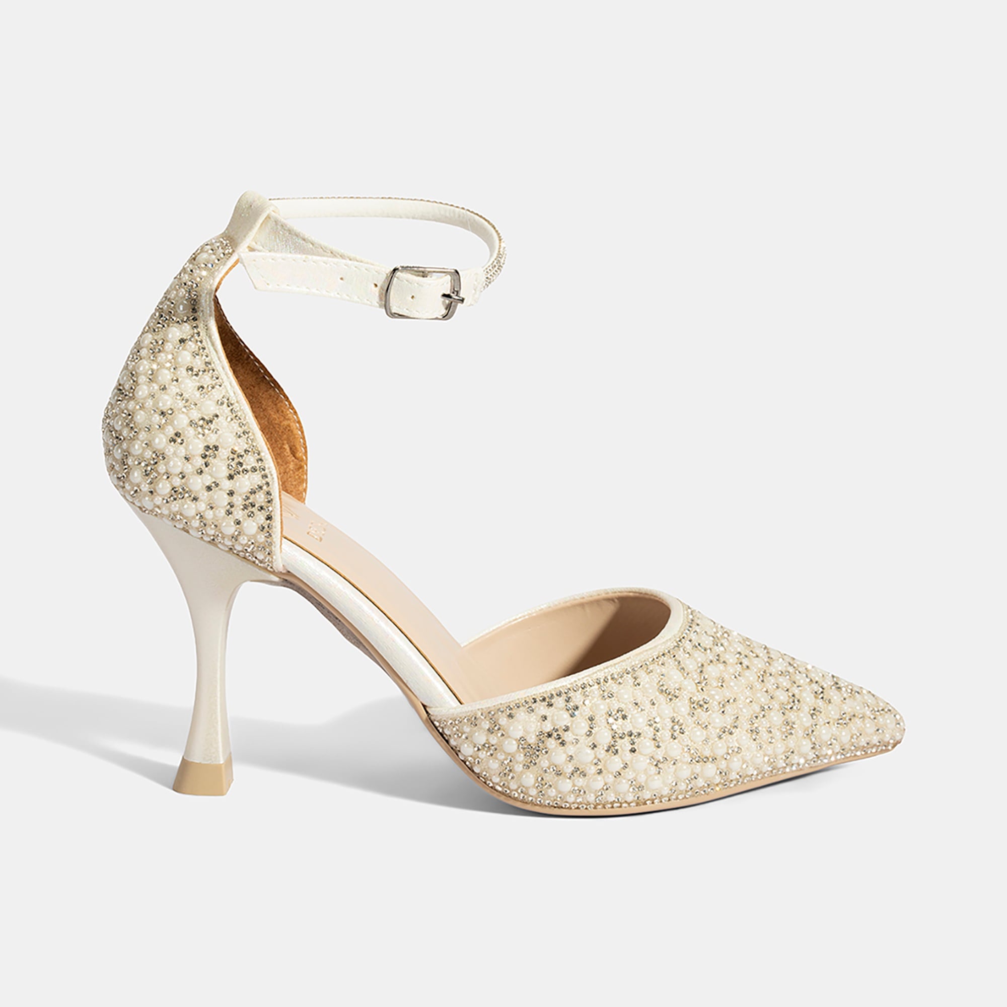 Kadın Beyaz Ayarlanabilir Tokalı Taşlı Gelin Ayakkabısı