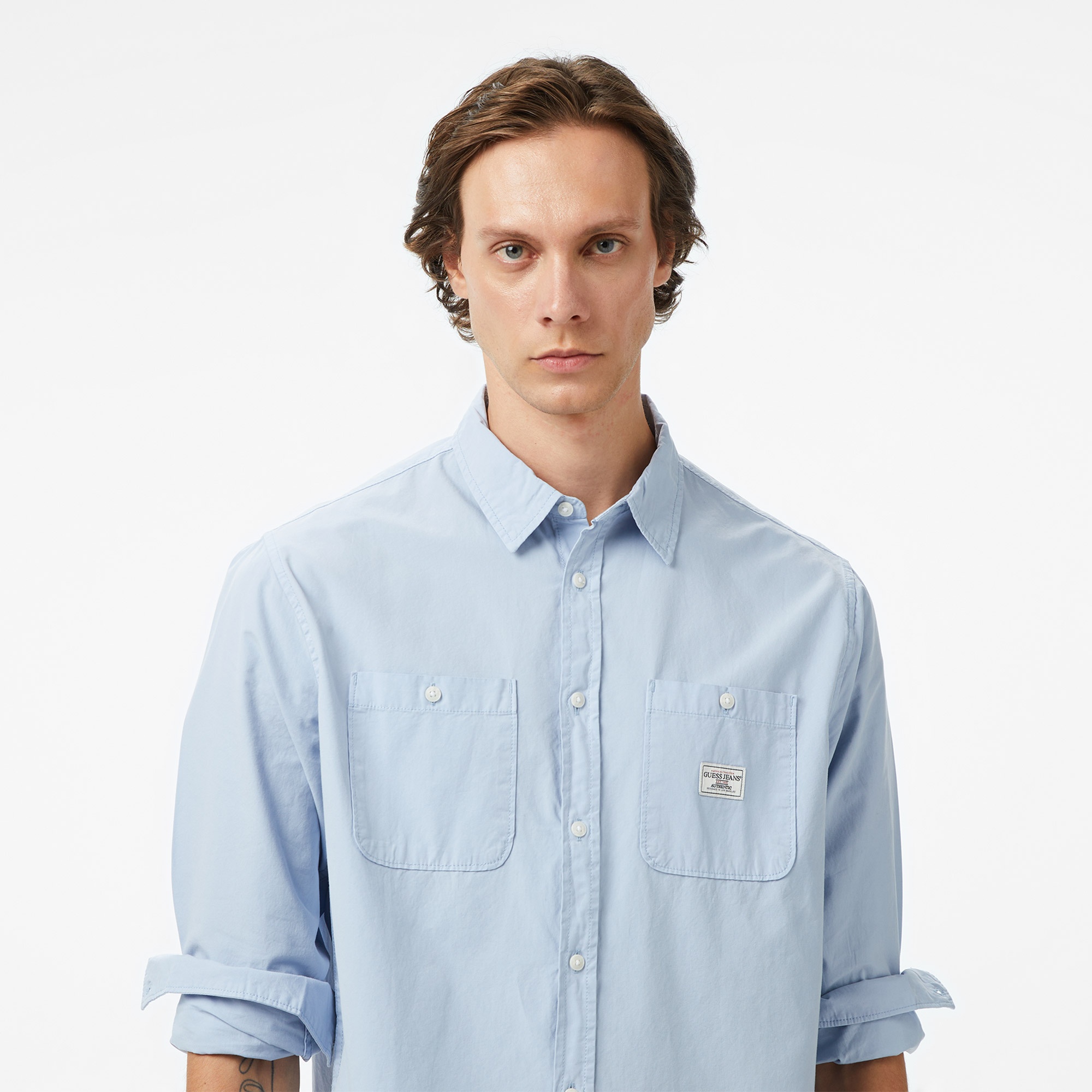 Guess Pockets Organic Cotton Poplin Erkek Mavi Gömlek