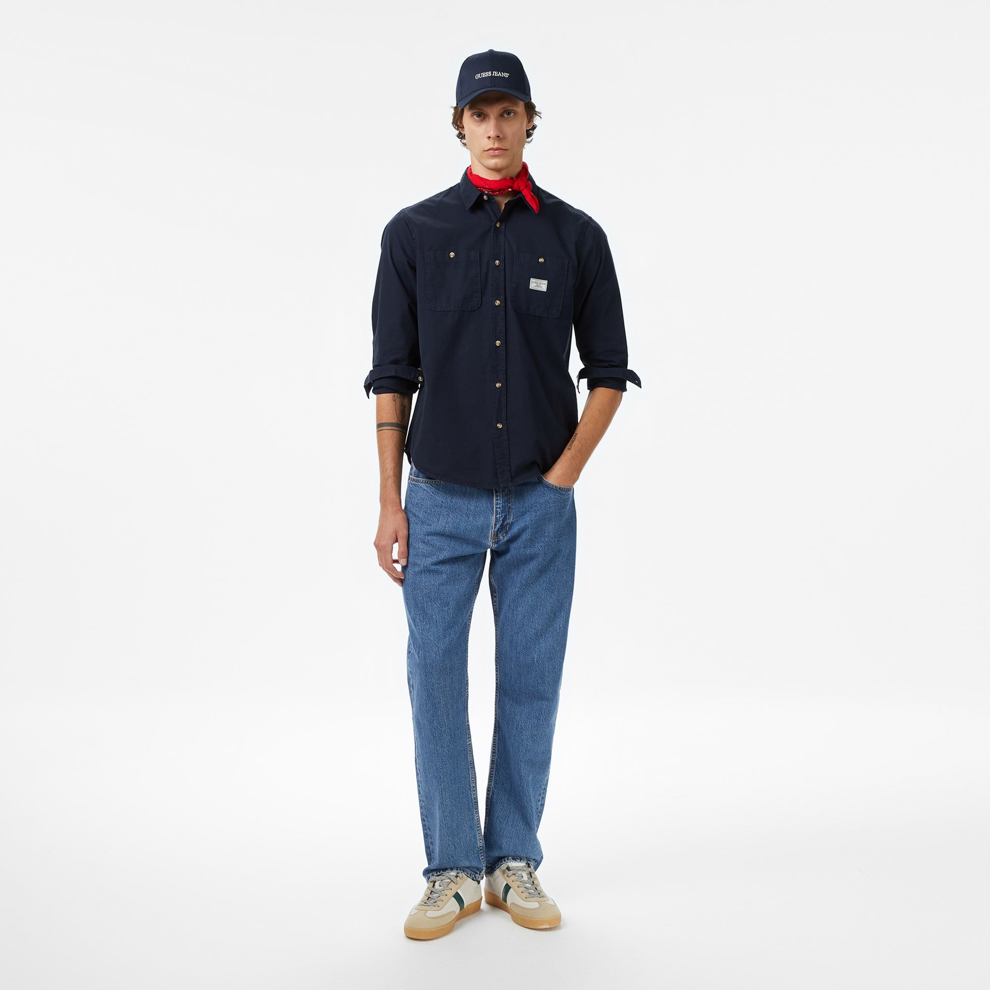 Guess Re Pockets Sh Organic Cotton Poplin 176 Erkek Lacivert Gömlek