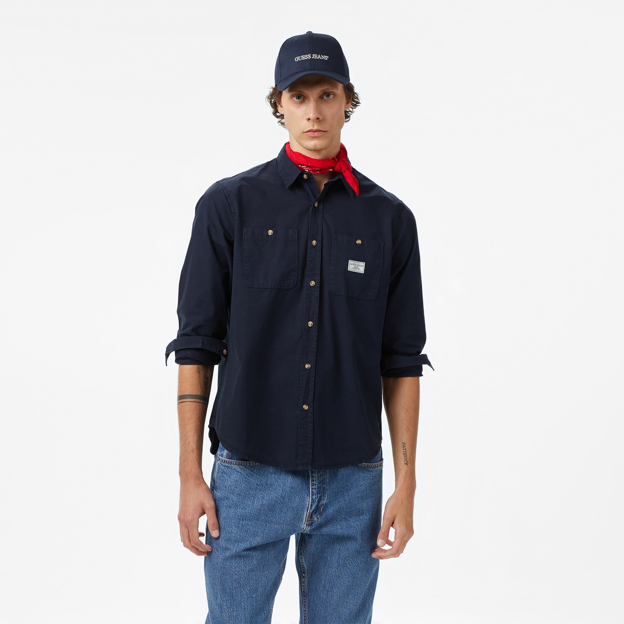  Guess Re Pockets Sh Organic Cotton Poplin 176 Erkek Lacivert Gömlek