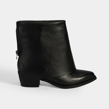  Kadın Siyah Katlama Detaylı Topuklu Deri Bot