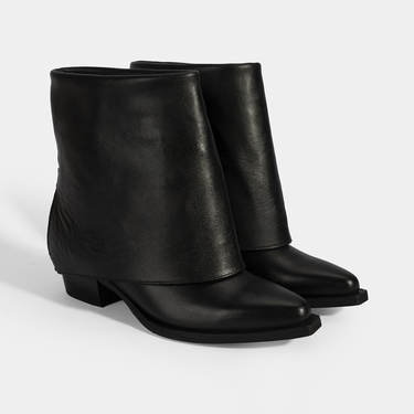  Kadın Siyah Katlama Detaylı Topuklu Deri Bot