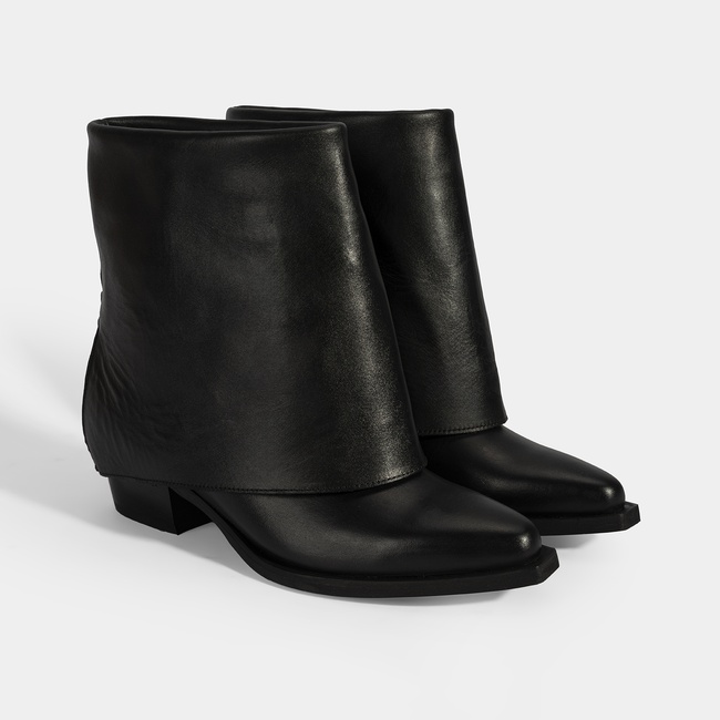  Kadın Siyah Katlama Detaylı Topuklu Deri Bot