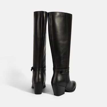  Kadın Siyah Kalın Topuklu Deri Çizme