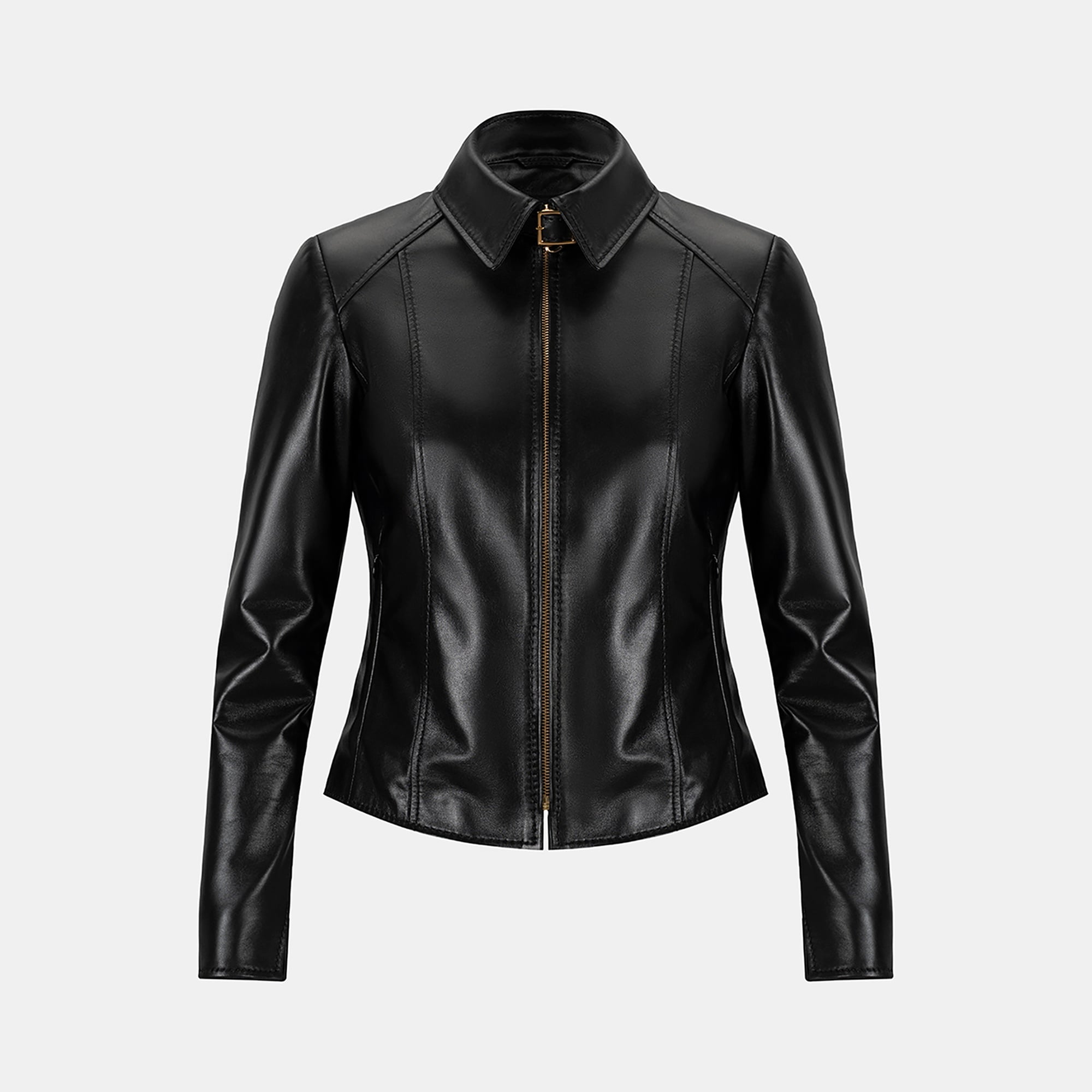 Kadın Siyah Gömlek Yakalı Fit Deri Ceket