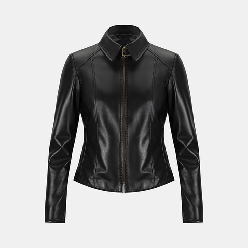  Kadın Siyah Gömlek Yakalı Fit Deri Ceket