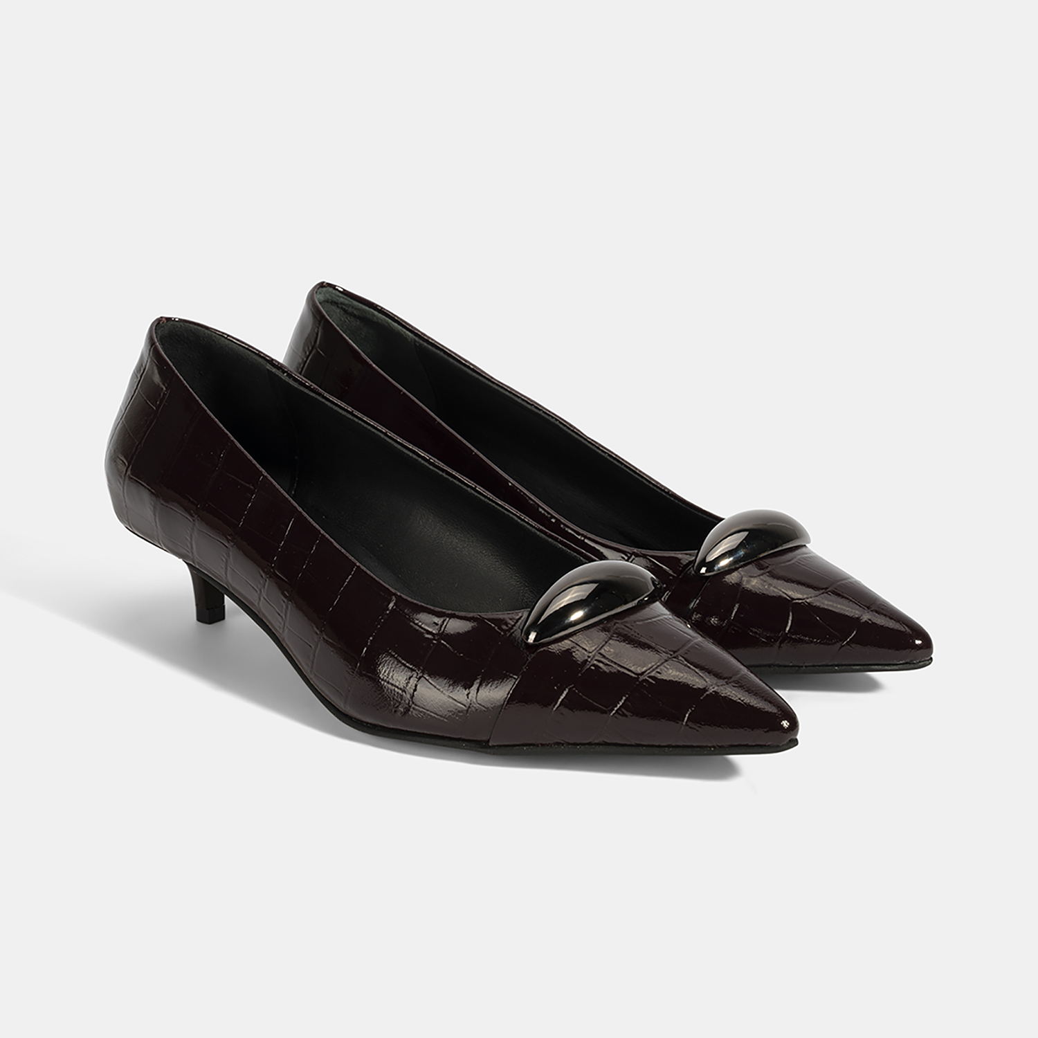  Kadın Bordo Kroko Baskılı Deri Topuklu Ayakkabı