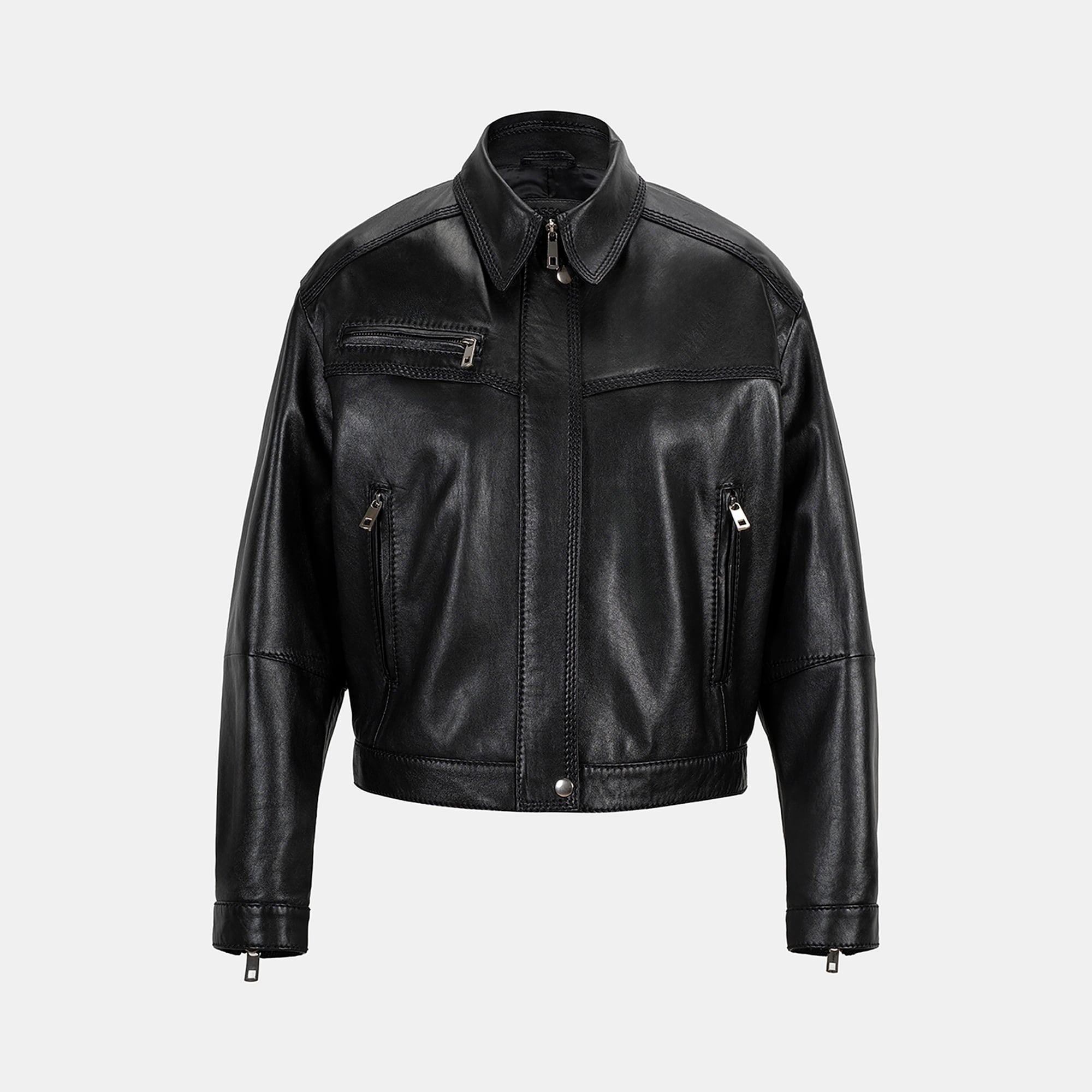 Kadın Siyah Yakalı Deri Bomber Ceket