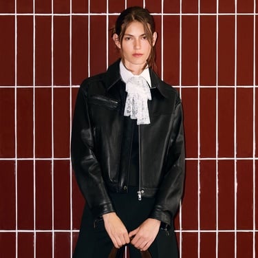  Kadın Siyah Yakalı Deri Bomber Ceket