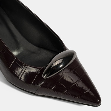  Kadın Bordo Kroko Baskılı Deri Topuklu Ayakkabı
