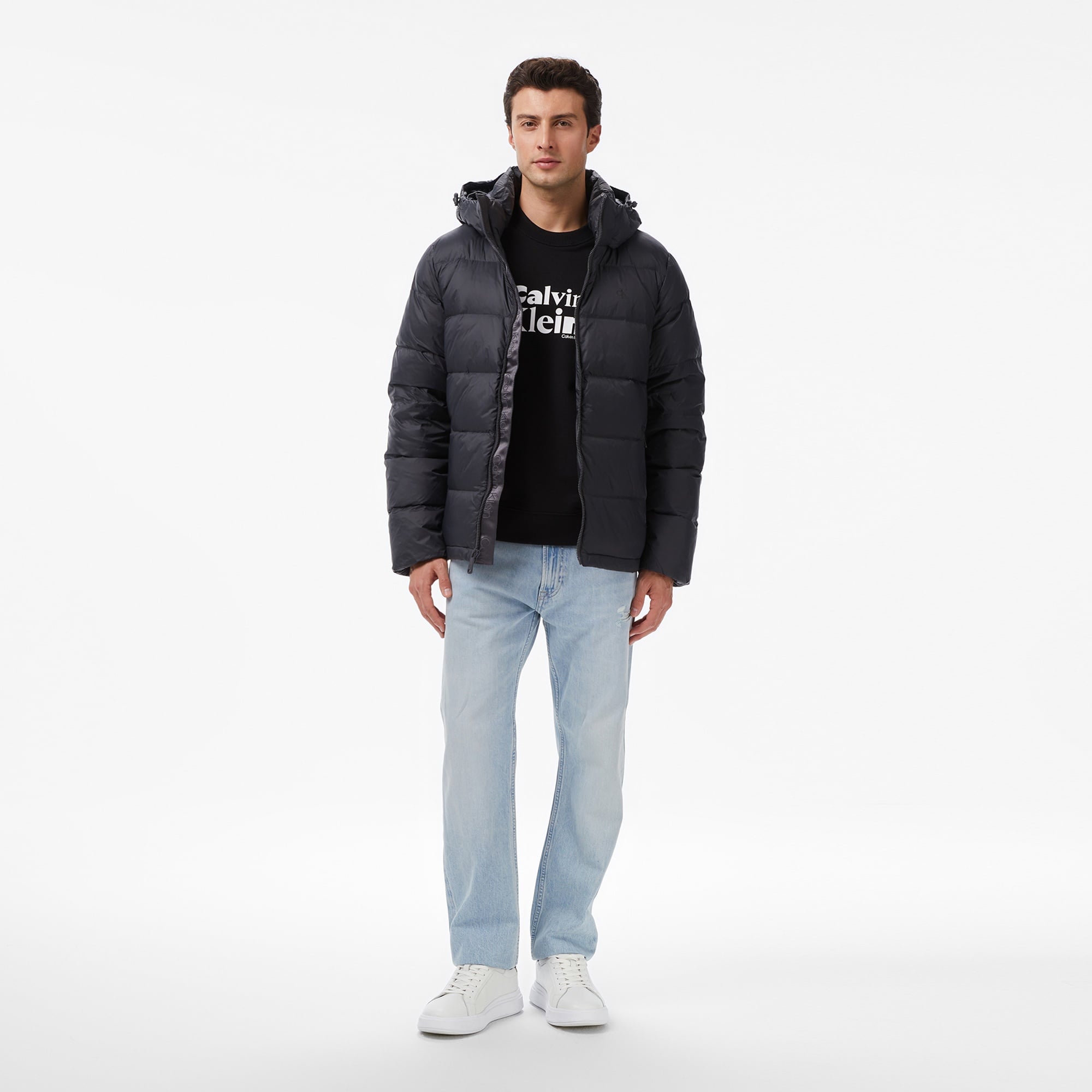 Calvin Klein Nylon Zip Off Hood Down Puffer Erkek Gri Mont