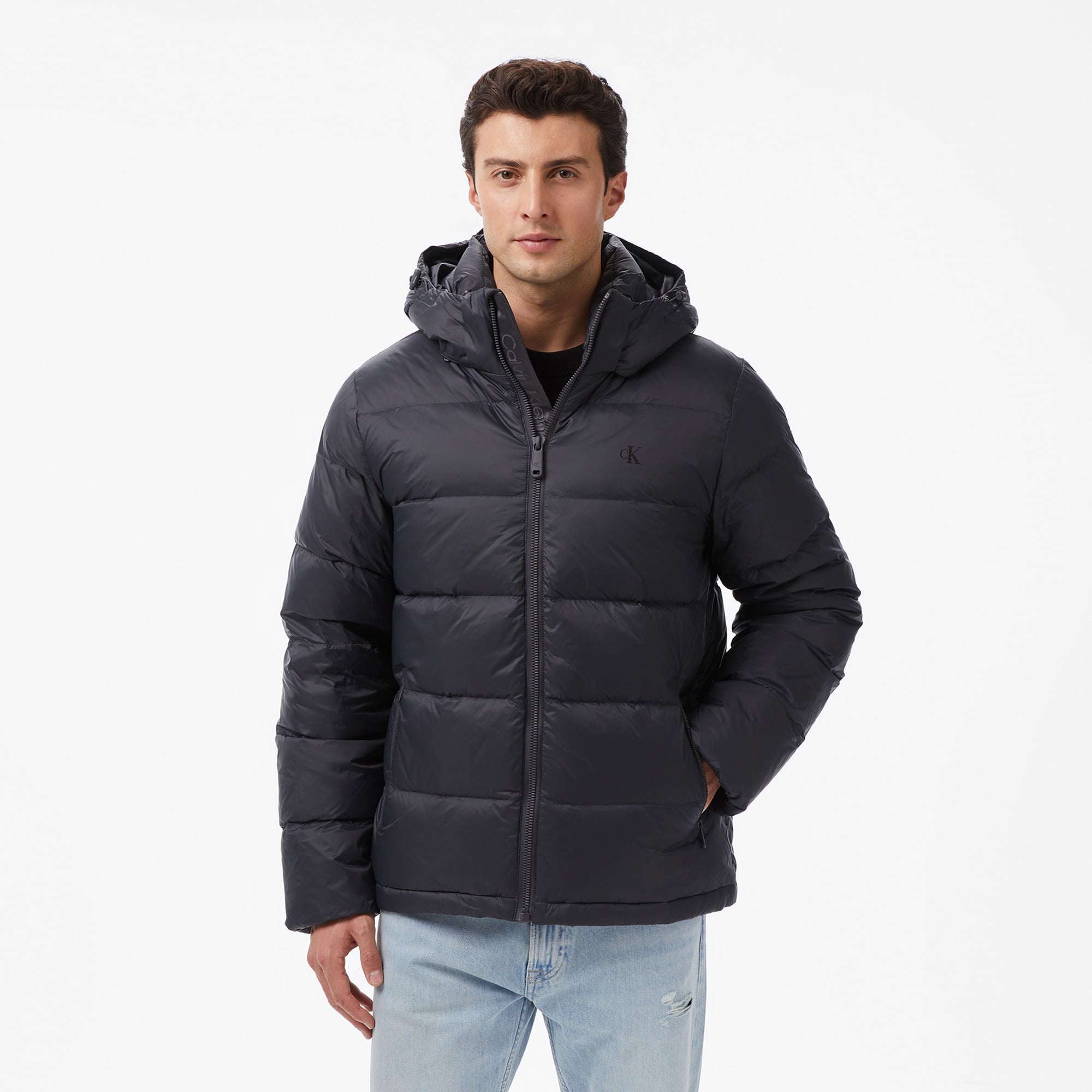 Calvin Klein Nylon Zip Off Hood Down Puffer Erkek Gri Mont