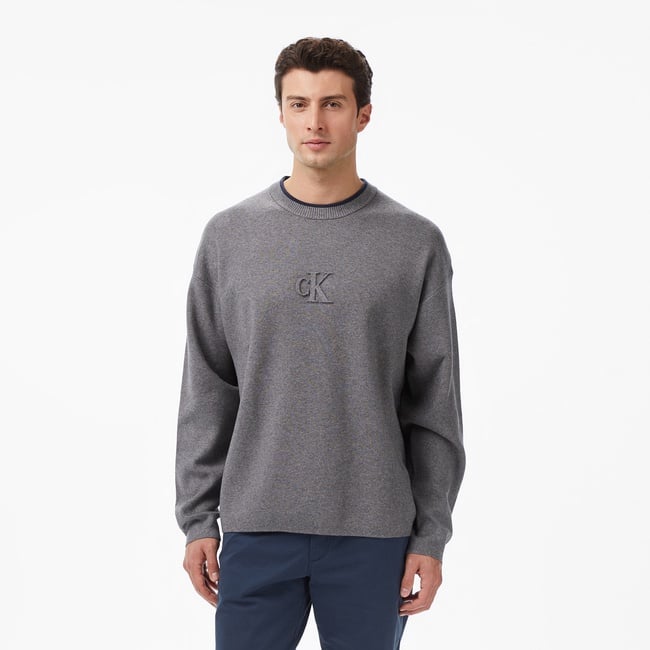 Calvin Klein Embossed Logo Erkek Gri Triko