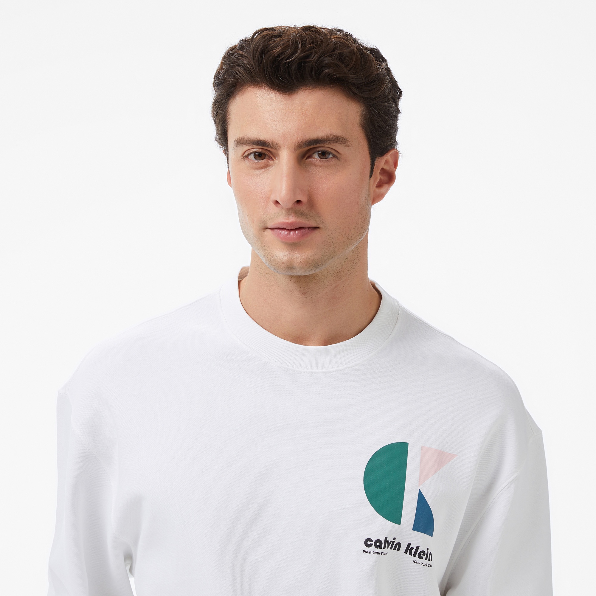 Calvin Klein Terry Bauhaus Logo Erkek Beyaz Sweatshirt
