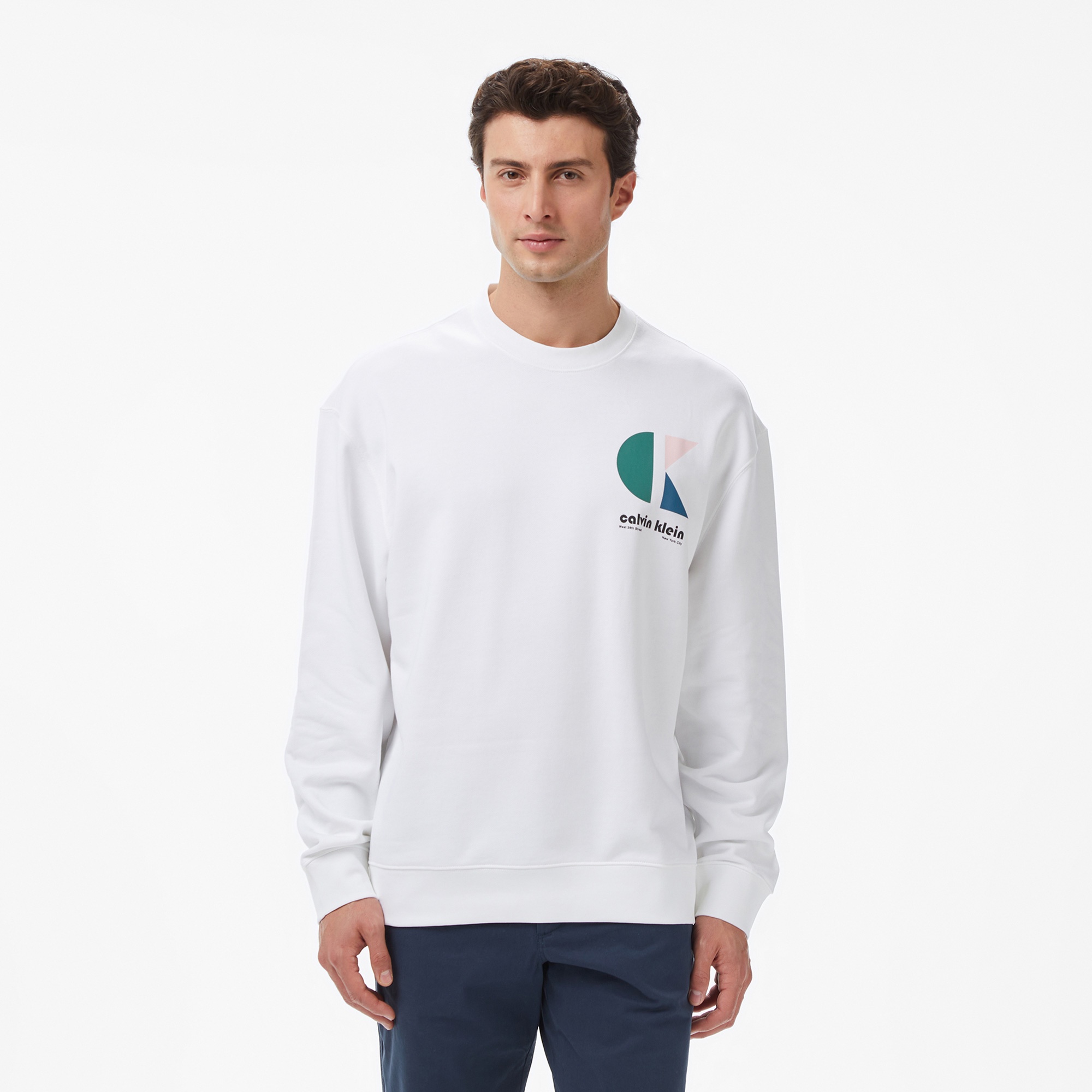 Calvin Klein Terry Bauhaus Logo Erkek Beyaz Sweatshirt