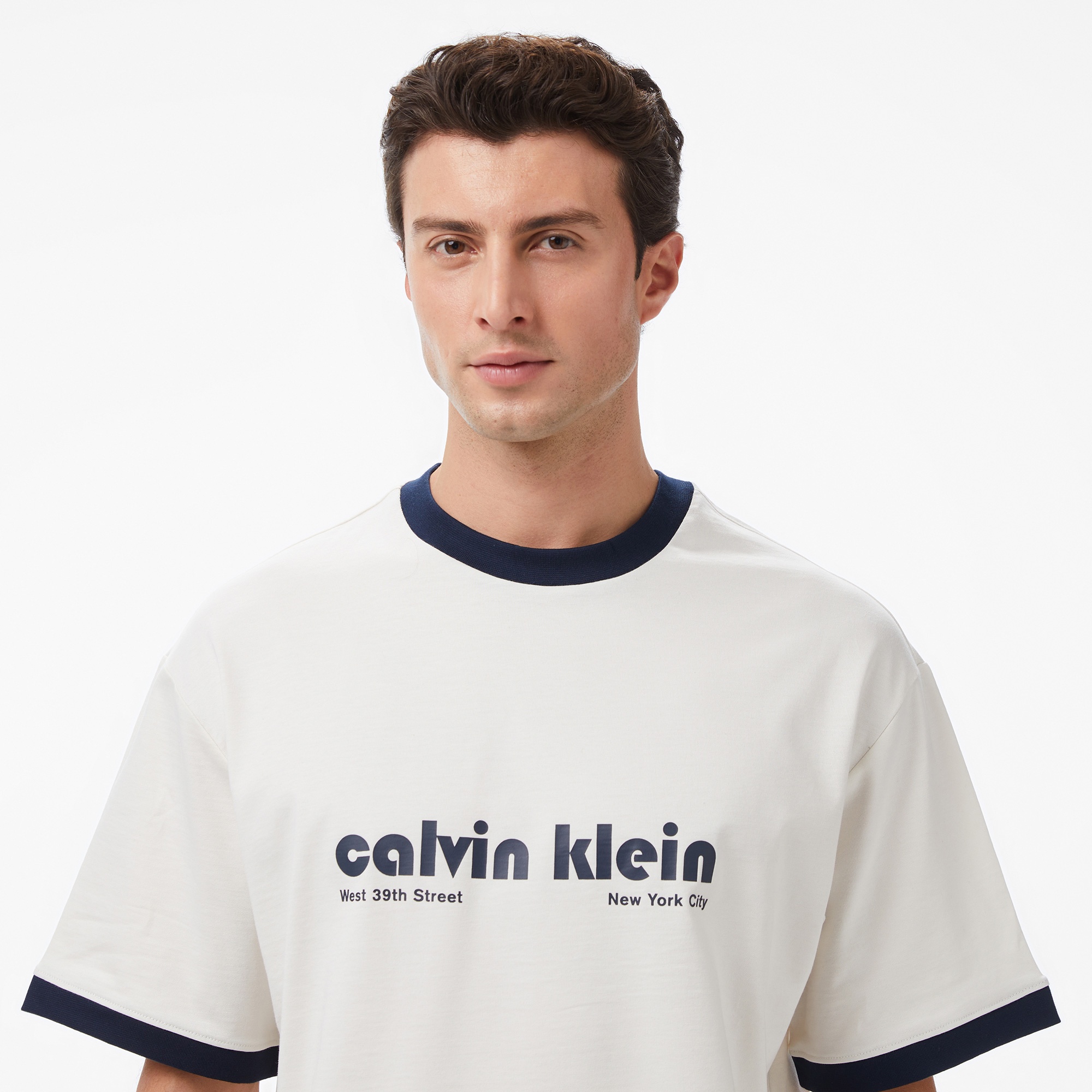 Calvin Klein Retro Logo Ringer Erkek Beyaz T-Shirt
